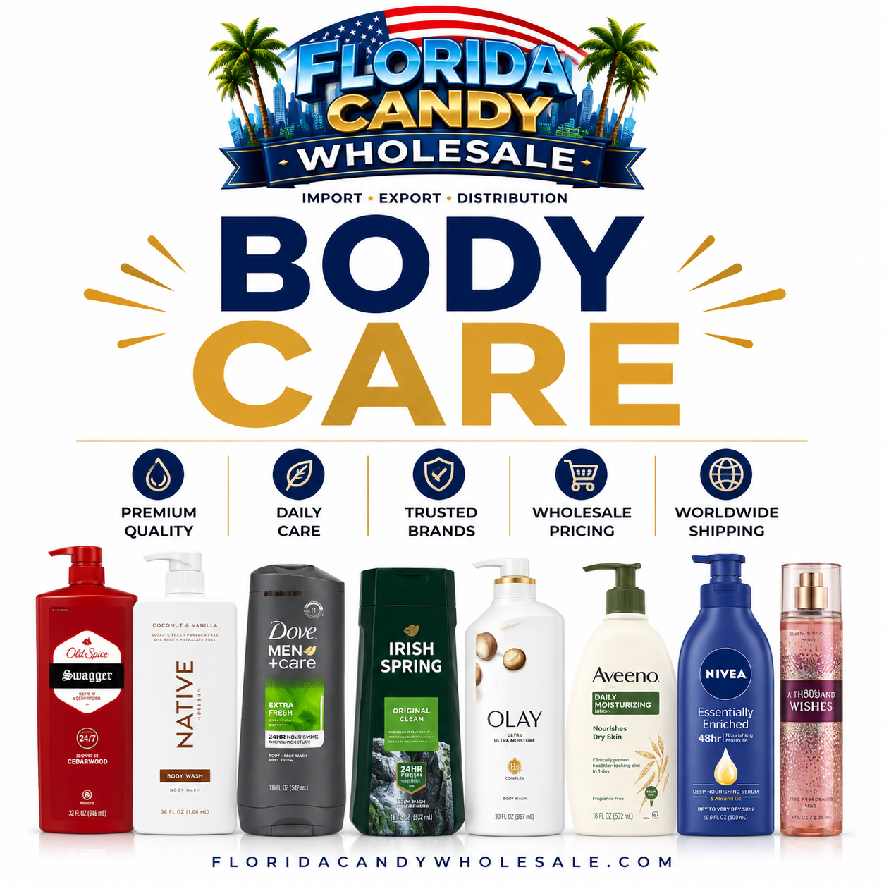 Body Care Wholesale – Old Spice, Native, Dove, Irish Spring, Olay, Aveeno, NIVEA, Bath & Body Works – Florida Candy Wholesale