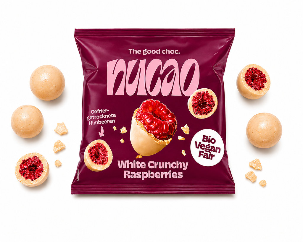 NUCAO White Crunchy Raspberries – White Chocolate Alternative with Freeze-Dried Raspberries (Organic &amp; Vegan)